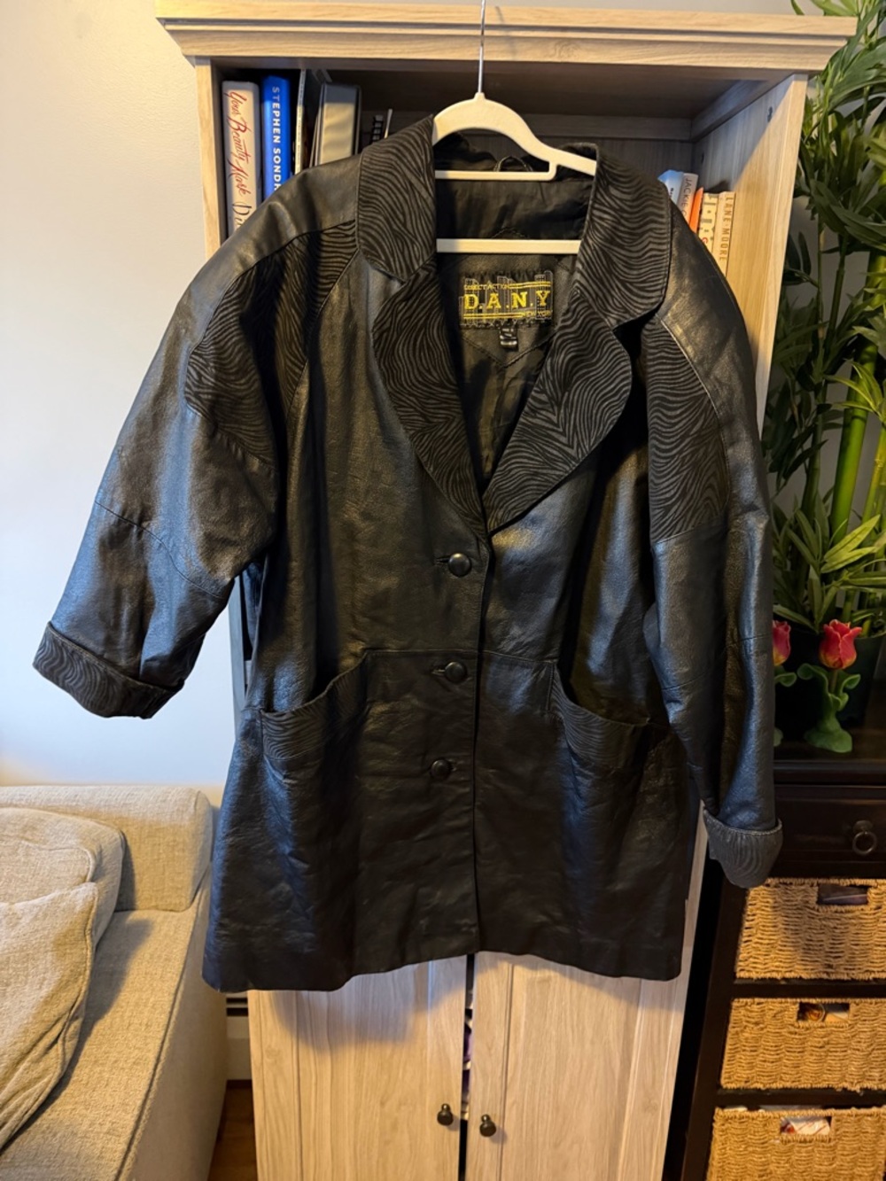80’s Vintage Black Leather Coat with Textured Zebra Accents